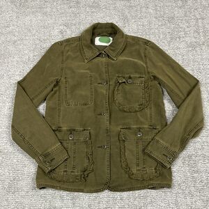 Anthropologie Jacket Womens XS Olive Green Button Front Ruffle Pockets Cotton